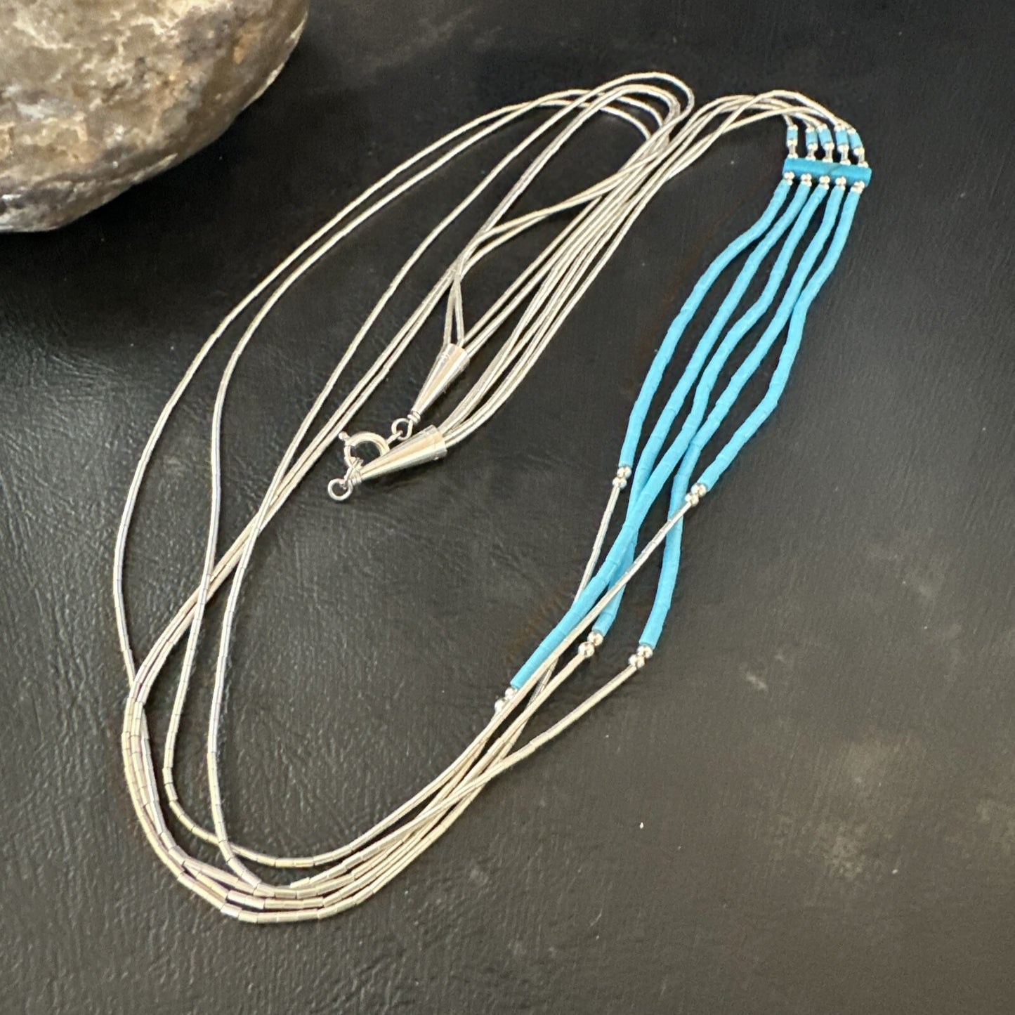 Blue Turquoise 5 Strand Heishi Liquid Sterling Silver Necklace 17854