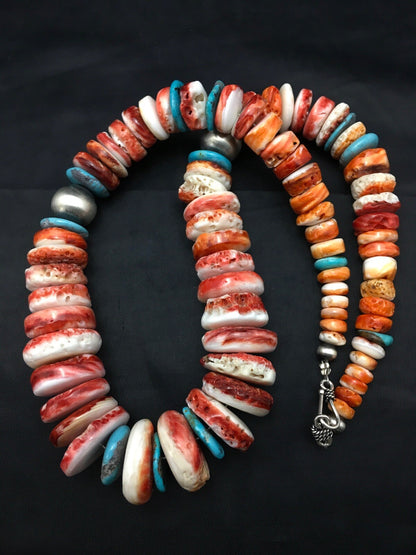 Native Spiny Oyster Graduated Necklace Navajo Sterling Silver 20" 4177
