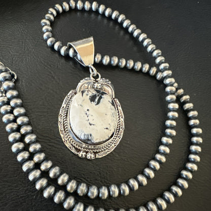 White Buffalo Turquoise Pendant Navajo Pearls Sterling Silver Necklace 19338