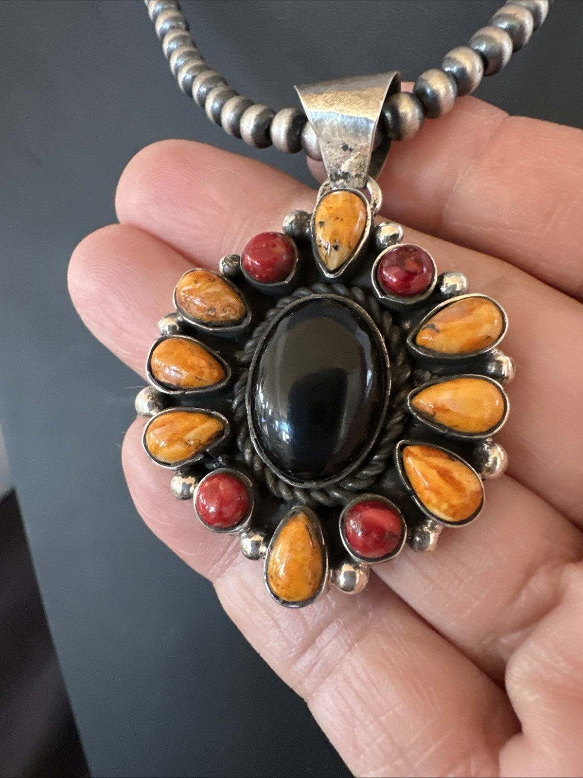 Onyx Coral Orange Spiny Navajo Sterling Silver Cluster Pendant Necklace 19566
