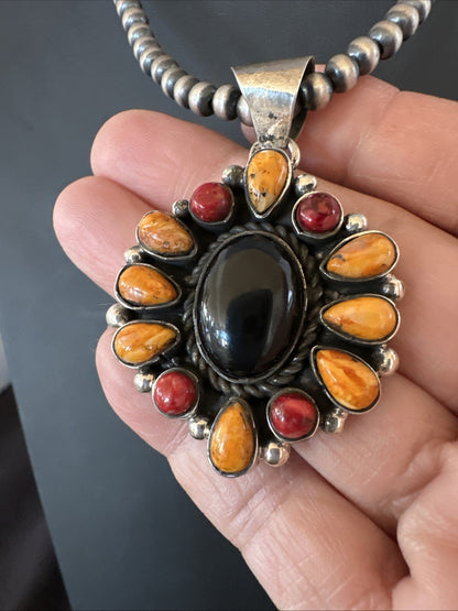 Onyx Coral Orange Spiny Navajo Sterling Silver Cluster Pendant Necklace 19566