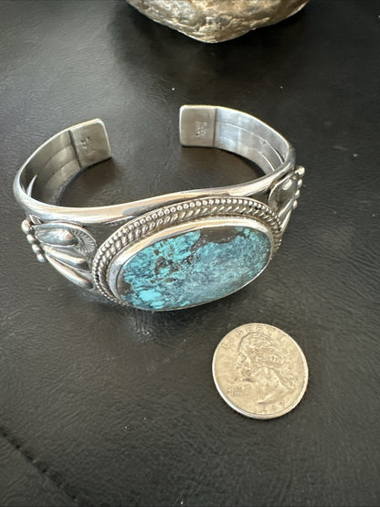 H Joe Blue Spiderweb Turquoise Navajo Sterling Silver Cuff Bracelet 8.2" 19424