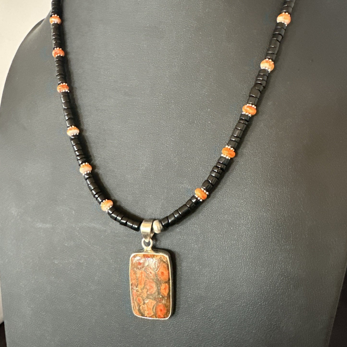 Orange Spiny Black Onyx Navajo Sterling Silver Pendant Necklace 20” 19637
