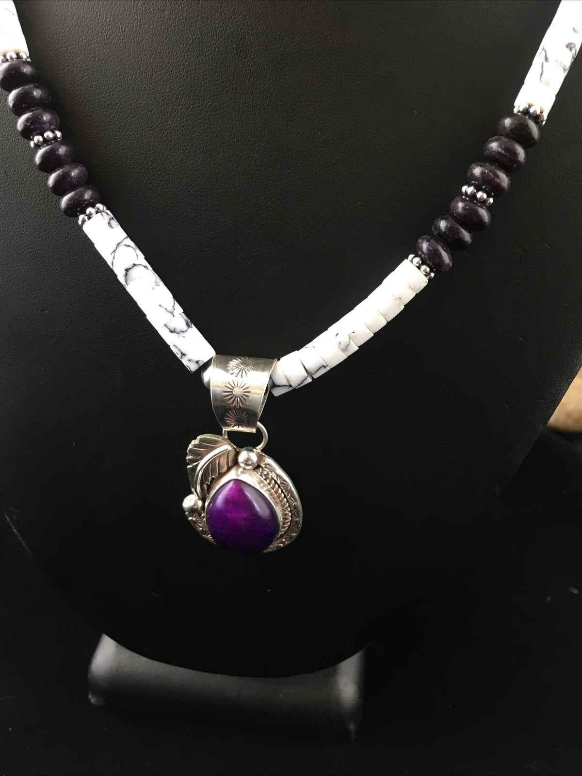 Native  Purple Stone & Howlite Bead Navajo Sterling Silver Necklace 04607