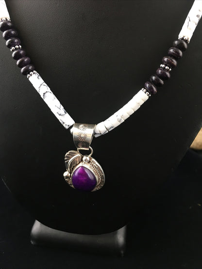 Native  Purple Stone & Howlite Bead Navajo Sterling Silver Necklace 04607