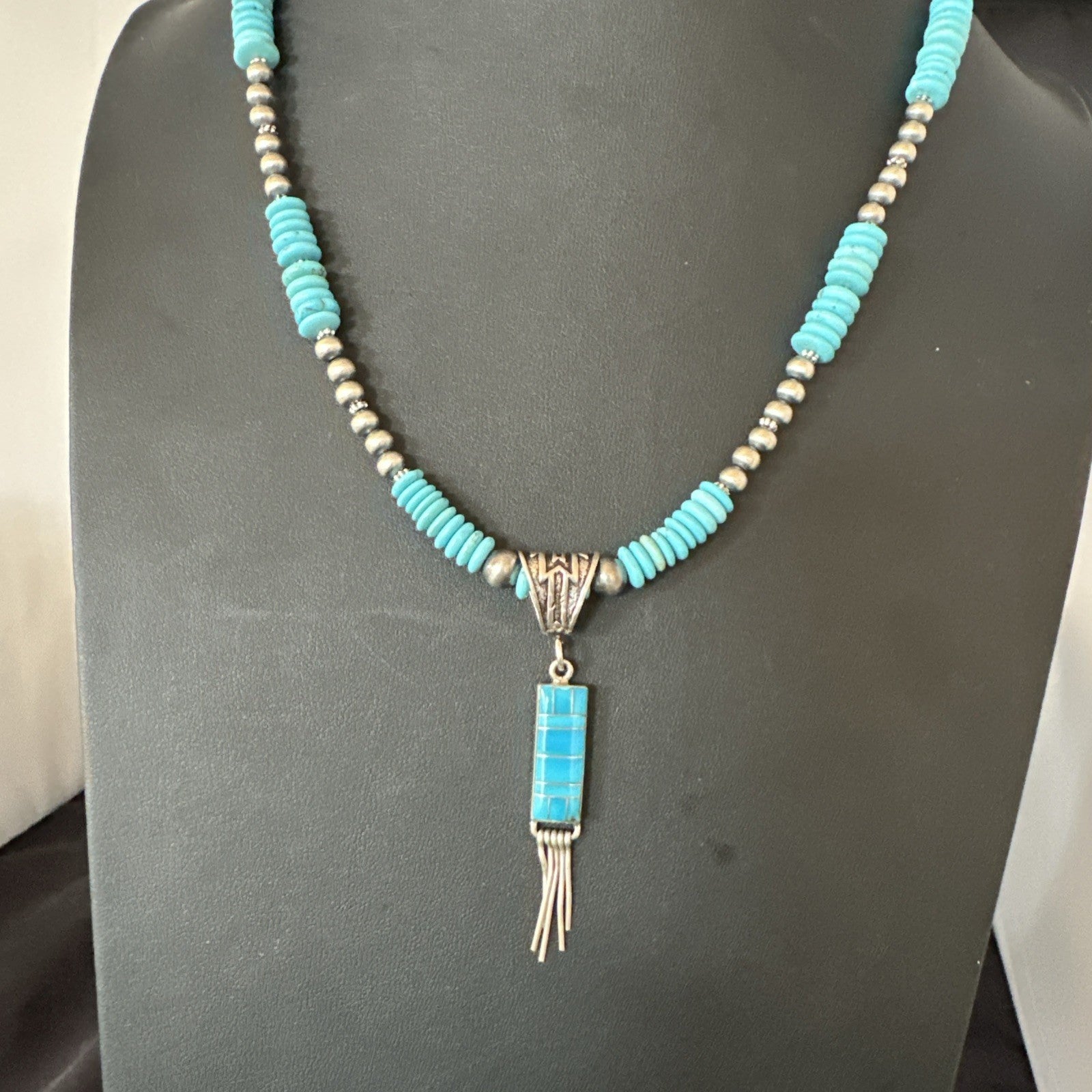 Blue Turquoise Inlay Pendant Navajo Sterling Silver Necklace 19514