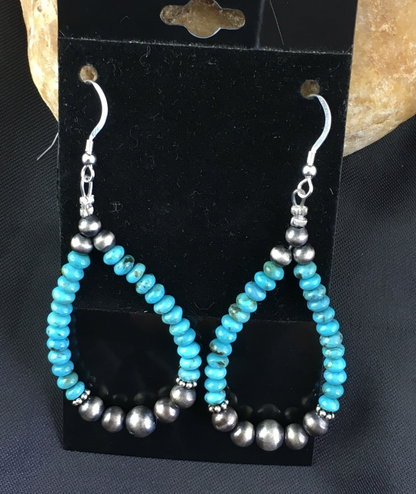 Blue Turquoise Bead Sterling Silver Beads Earrings 1.75" 1971