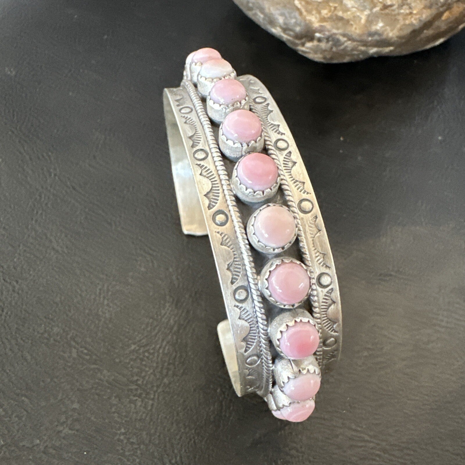 Navajo Pink Conch Cluster Sterling Silver Cuff Bracelet 18854
