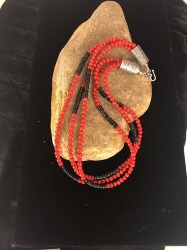 Navajo Coral Necklace Pendant Sterling Silver 20" 3 Strand 8006