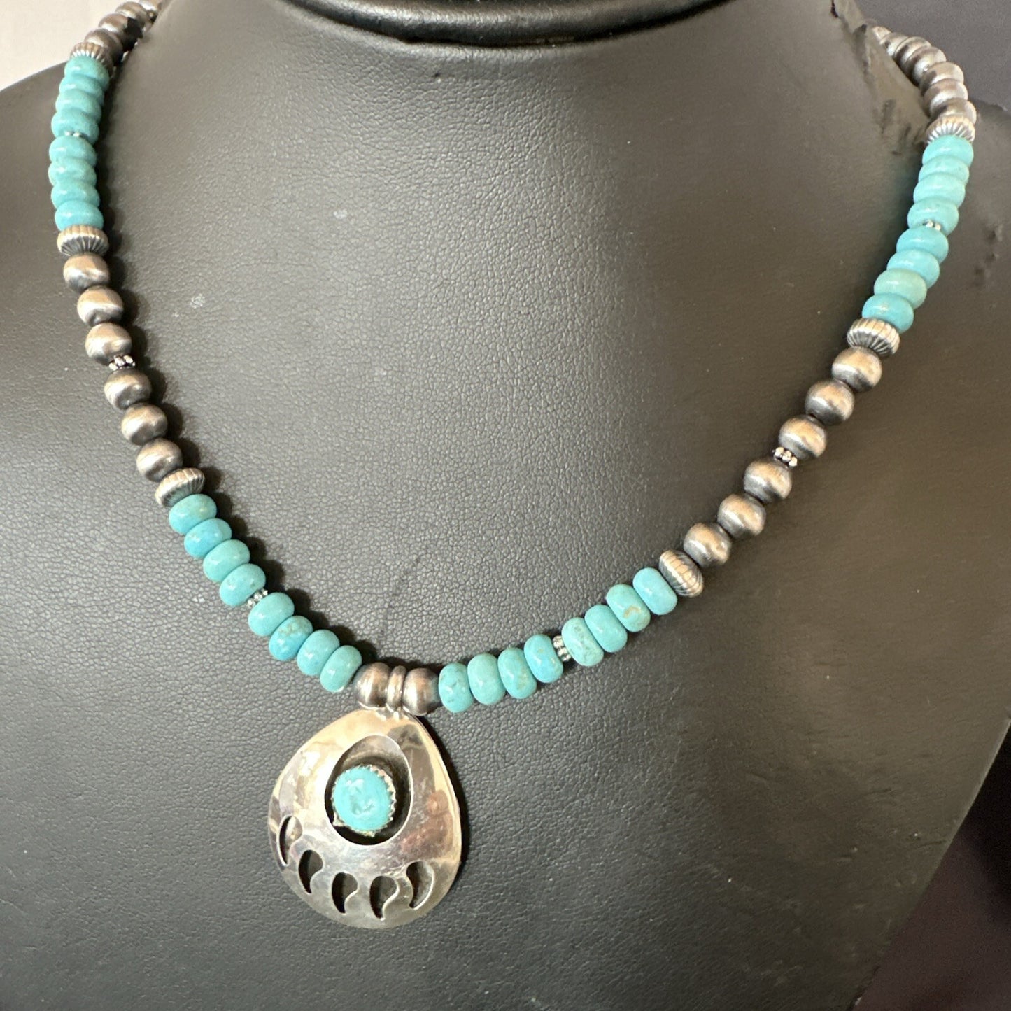 Mens Blue Turquoise BearPaw Pendant Navajo Pearls Sterling Silver Necklace 17880
