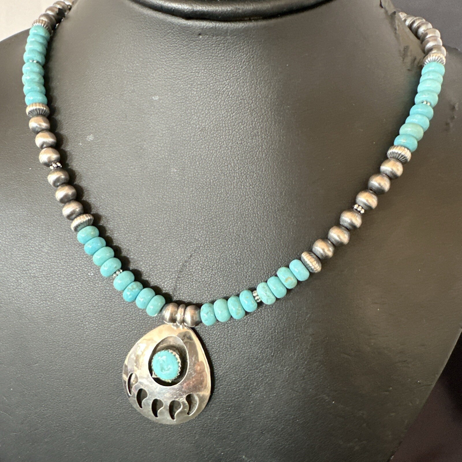Mens Blue Turquoise BearPaw Pendant Navajo Pearls Sterling Silver Necklace 17880