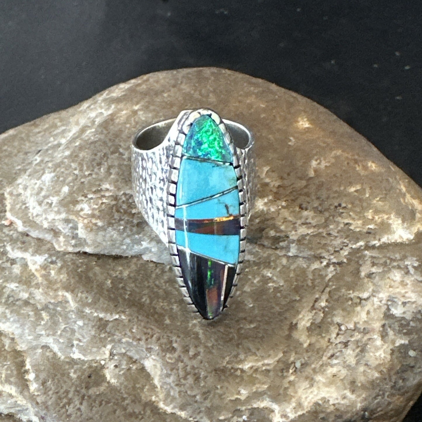 Men Navajo Multi-Color Opal Turquoise Inlay Sterling Silver Ring Size 6 18756