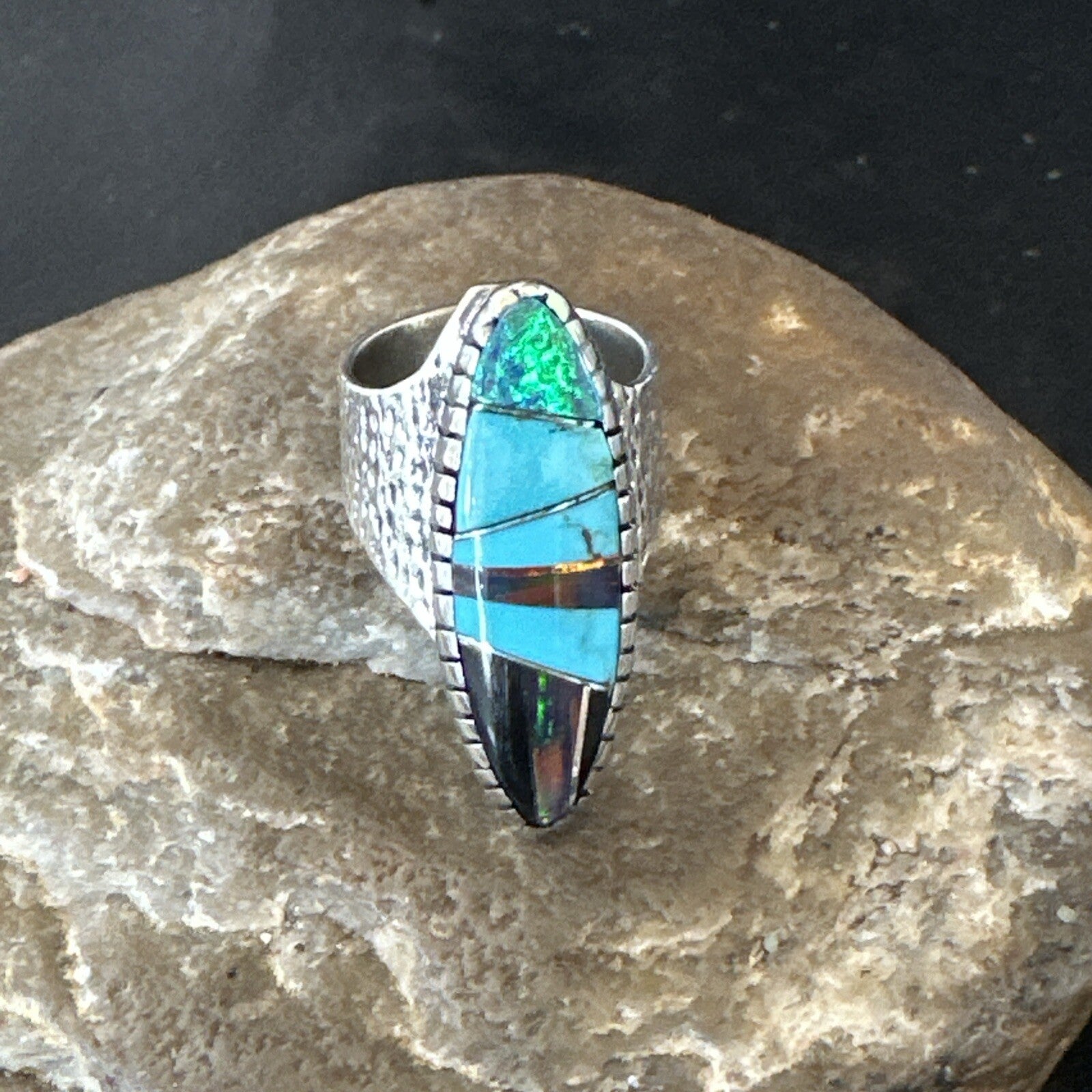 Men Navajo Multi-Color Opal Turquoise Inlay Sterling Silver Ring Size 6 18756