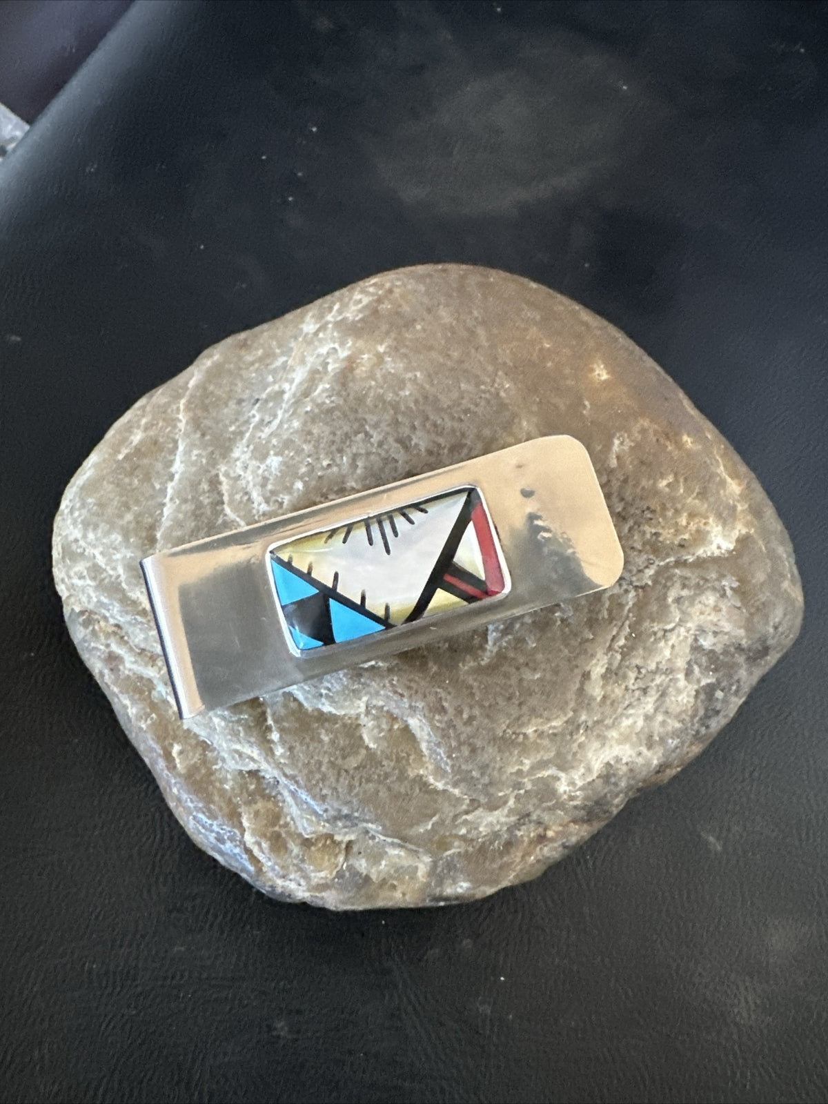 A Zuni Mens Turquoise Spiny Inlay Stainless Sterling Silver Money Clip 17835