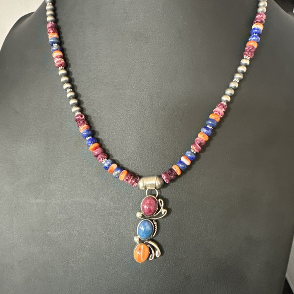 Multicolor Turquoise Spiny Navajo Cluster Pendant Necklace | Sterling Silver | Authentic Native American Handmade | 19639