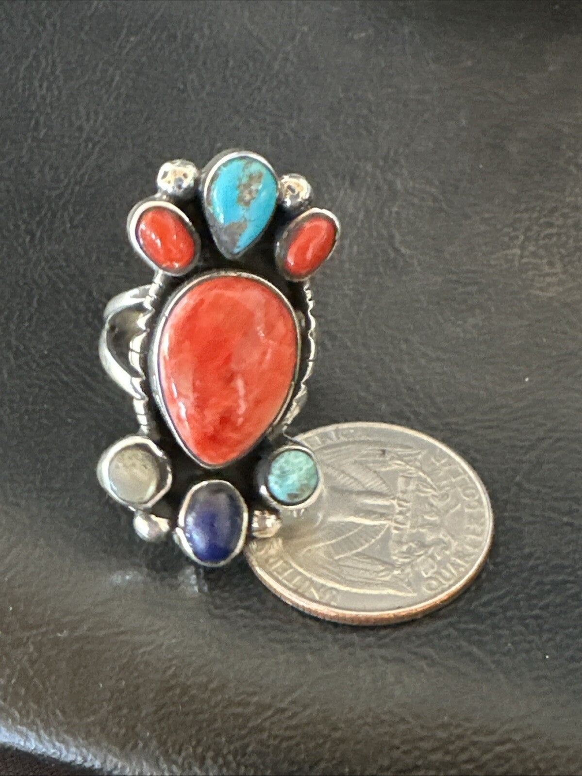 Cluster Blue Turquoise Spiny Oyster Onyx Sterling Silver Ring Size 9 18561