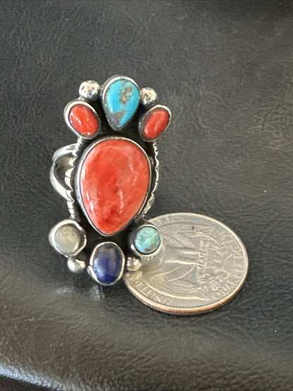 Cluster Blue Turquoise Spiny Oyster Onyx Sterling Silver Ring Size 9 18561