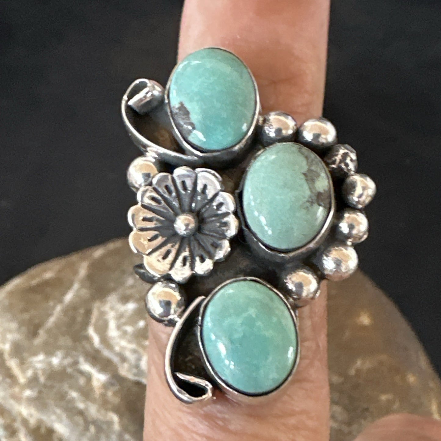 Yazzie Ring Green Turquoise Navajo Sterling Silver Cluster Size7.5 19203