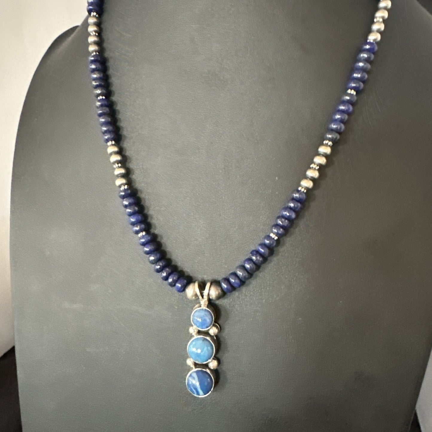 Handmade Blue Lapis Cluster Pendant NavajoSterling Silver Necklace 2" 19655