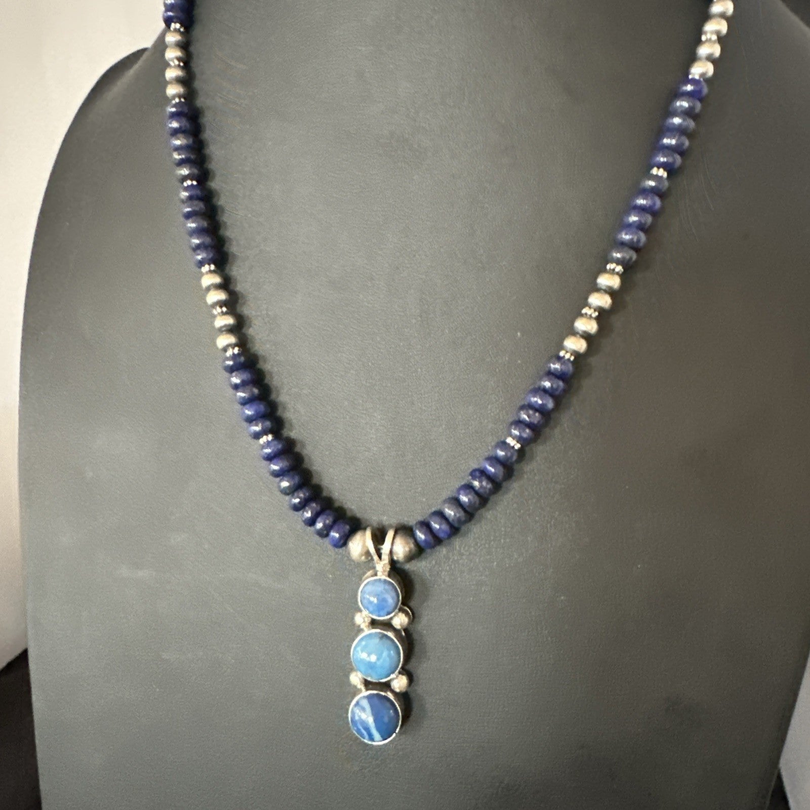 Handmade Blue Lapis Cluster Pendant NavajoSterling Silver Necklace 2" 19655