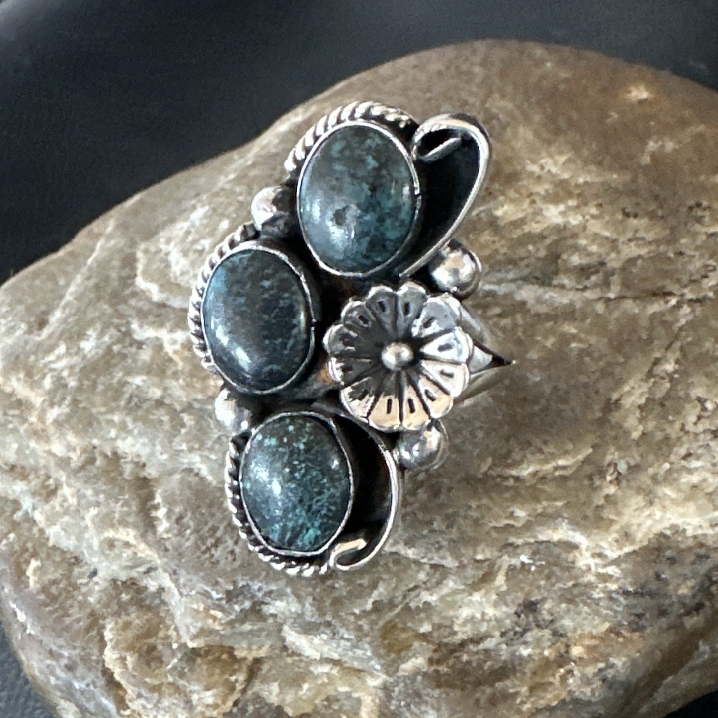 Yazzie Ring Blue Turquoise Navajo Sterling Silver Cluster Size 9.5 19241