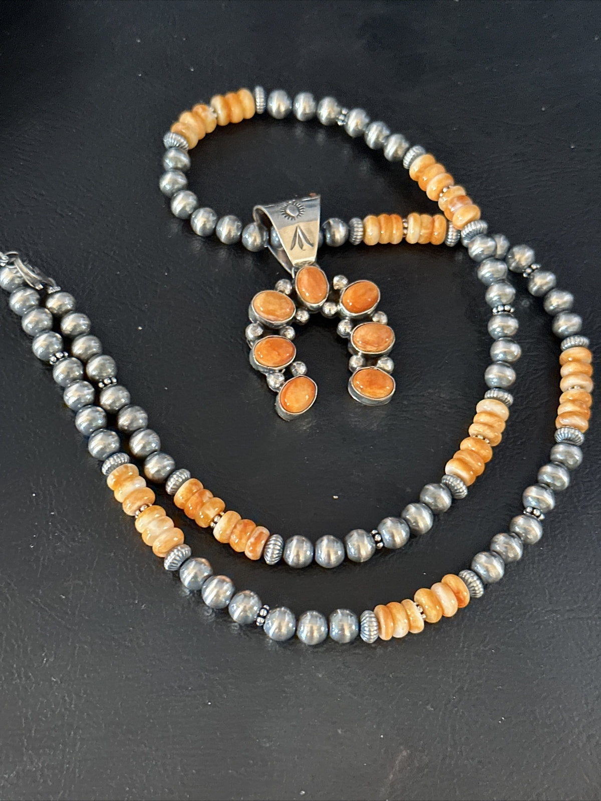 Orange Spiny Oyster Naja Pendant Navajo Pearls Sterling Silver Necklace 11346