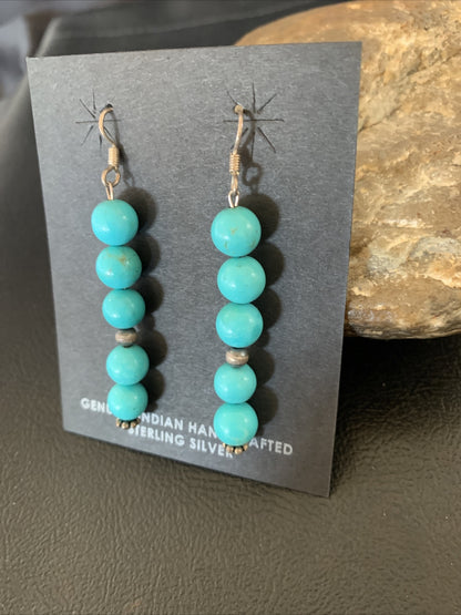 Blue Turquoise Earrings Native American Sterling Silver Bead 2" 13046