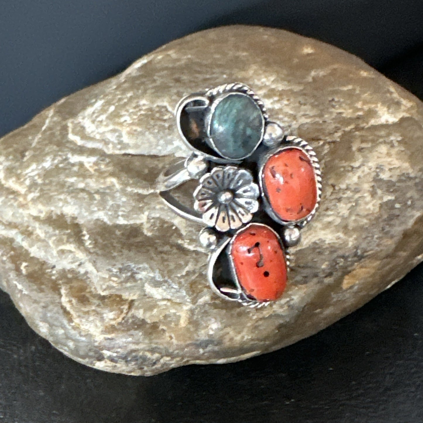 Multicolor Ring Turquoise Coral Spiny Navajo Sterling Silver Cluster 10.5 19195