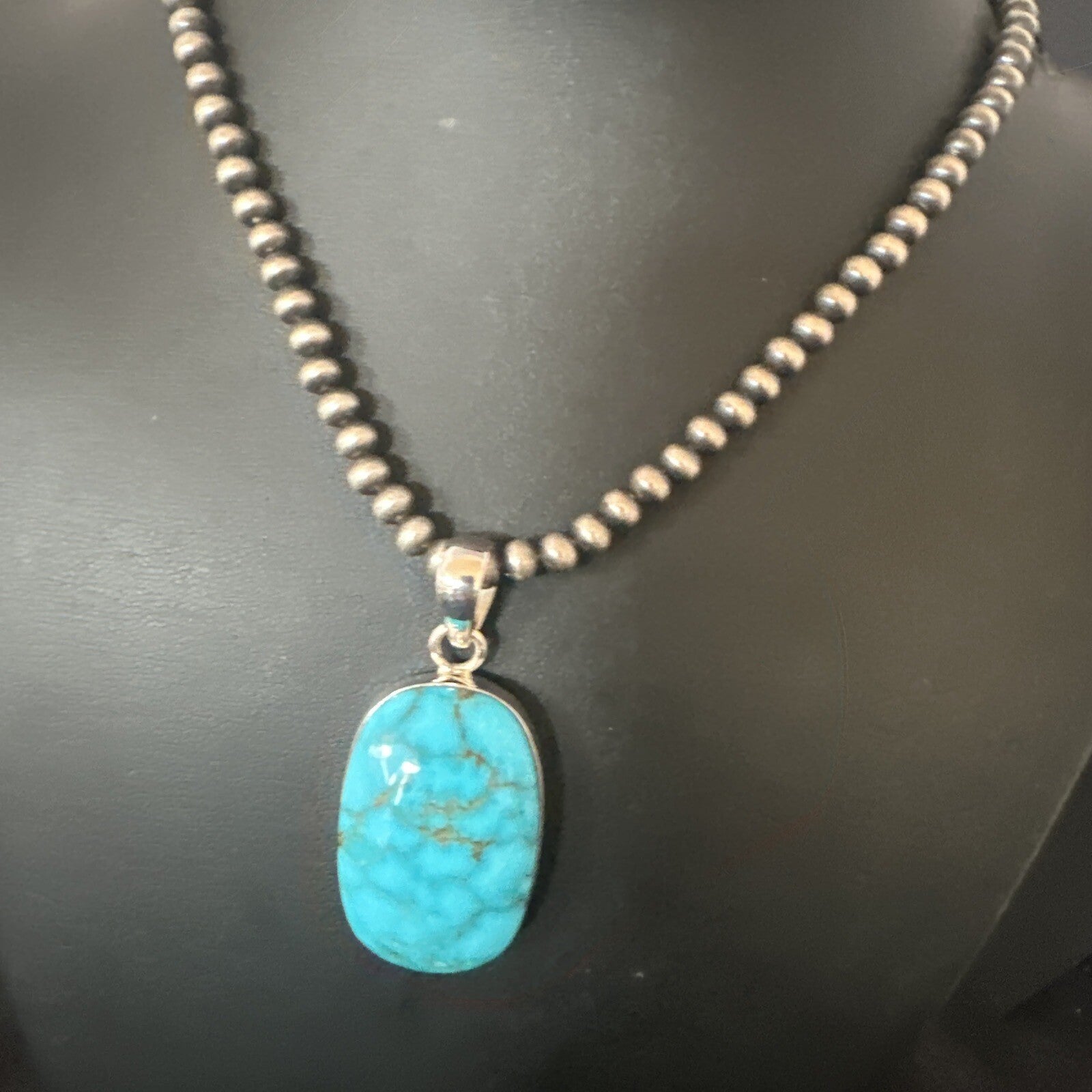 Blue Kingman Turquoise Pendant Navajo Pearls Sterling Silver Necklace 20” 16691