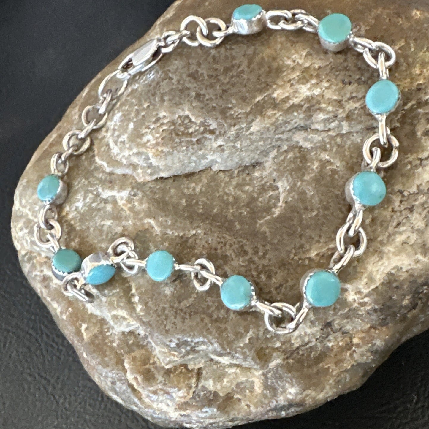 Blue Turquoise Navajo Old Pawn Sterling Silver Link Bracelet 7.5" 18129