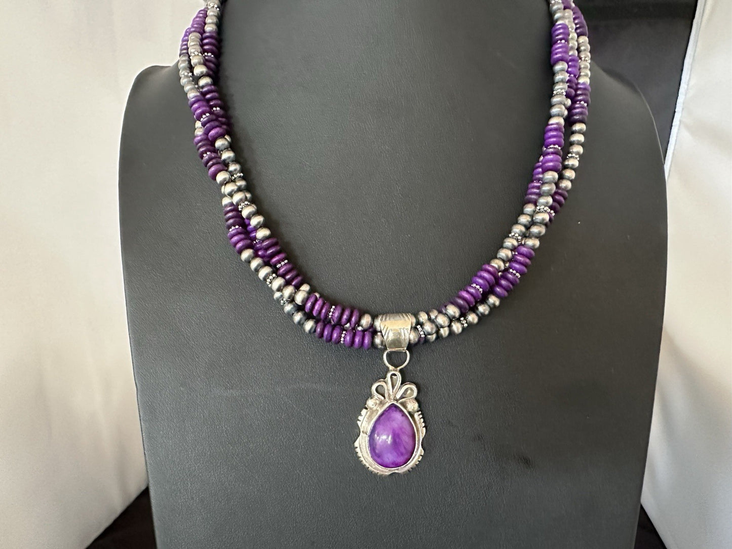 Navajo Sterling Silver 3 Strand Purple Stone Necklace Pendant 22” 19304