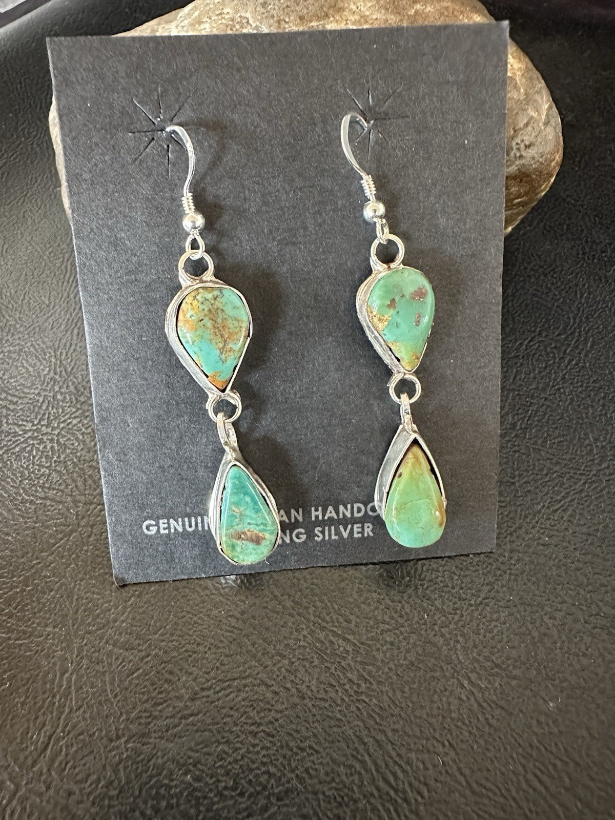 Green Royston Turquoise Navajo Sterling Silver Dangle Earrings 19369
