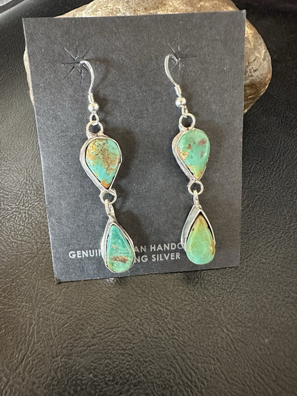 Green Royston Turquoise Navajo Sterling Silver Dangle Earrings 19369