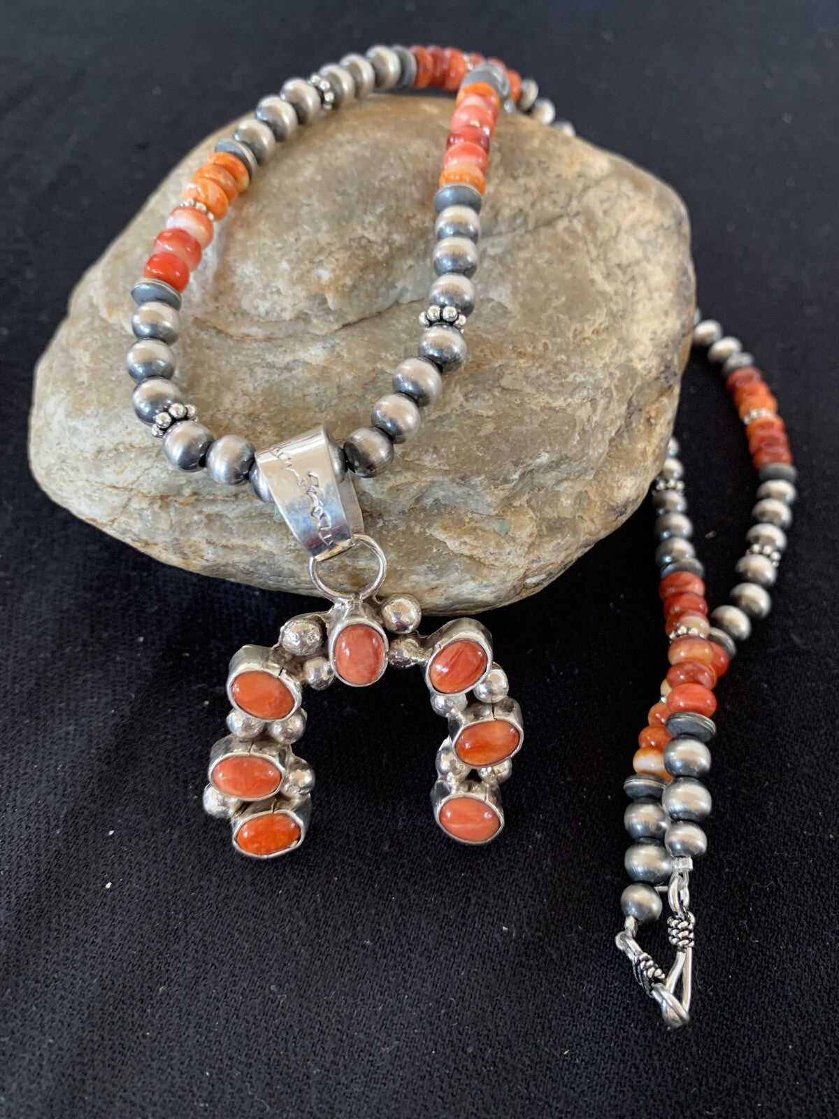 Red Spiny Oyster Naja Pendant Navajo Pearls Sterling Silver Necklace 00284