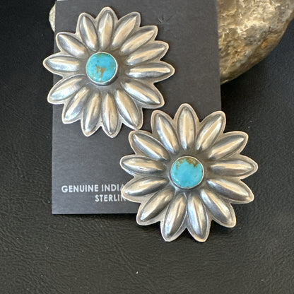 Navajo Blue Turquoise Sterling Silver Stamped Flower Earrings 19083