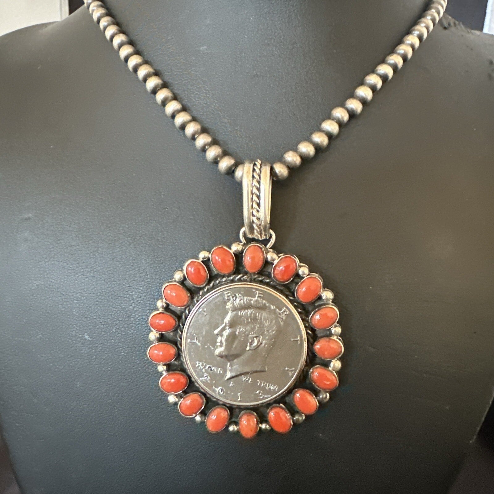 Coin Pendant Red Spiny Oyster Turquoise Navajo Sterling Silver Necklace 17925
