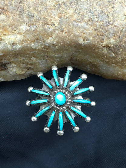 Blue Turquoise Needle Point Cluster Zuni Sterling Silver Ring Sz 7.25 4035