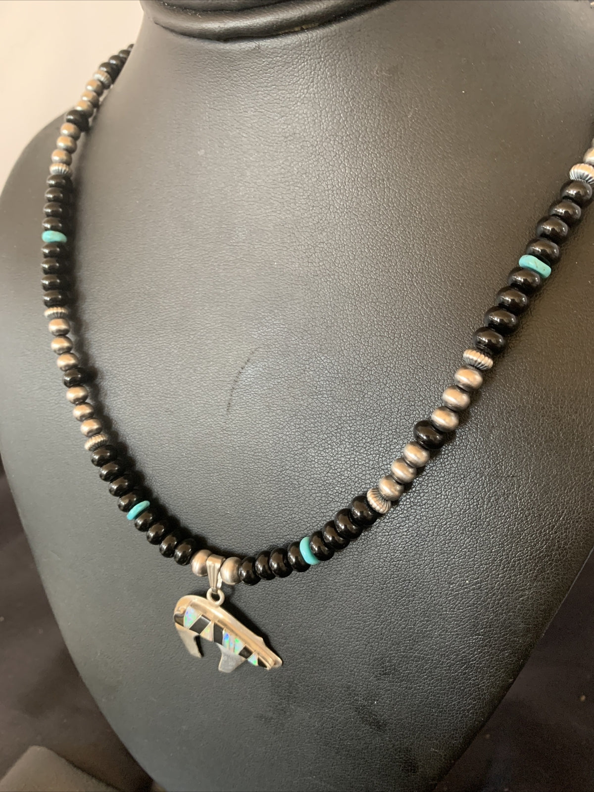 Turquoise Opal Inlay Pendant Black Onyx Navajo Sterling Silver Necklace 12698