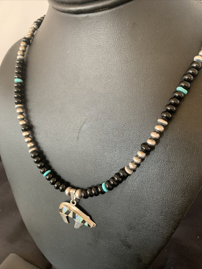 Turquoise Opal Inlay Pendant Black Onyx Navajo Sterling Silver Necklace 12698