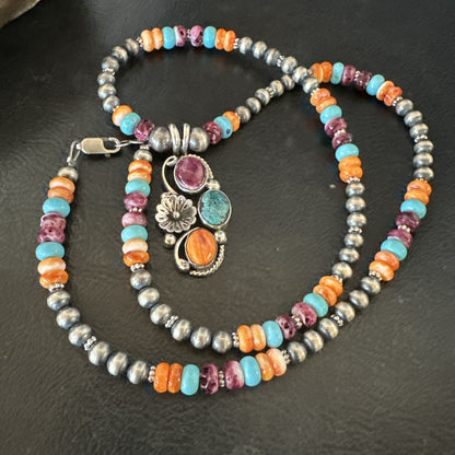 Multicolor Turquoise Spiny Navajo Sterling Silver Cluster Pendant Necklace 19642