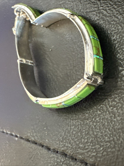 Womens Green Gaspeite Inlay Link Bracelet 7.5” Sterling Silver 19152
