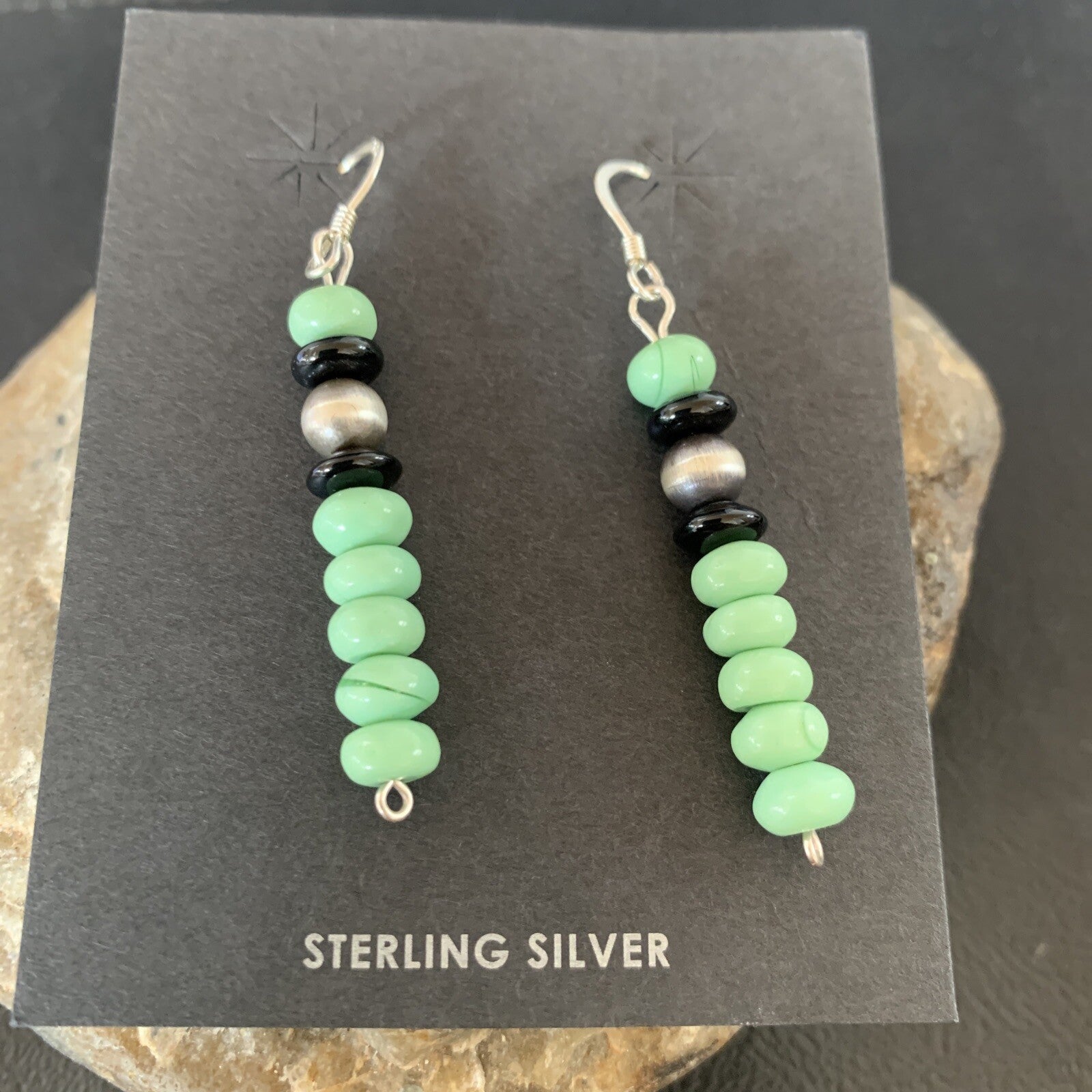 Green Malachite & Black Onyx Navajo Sterling Silver Beads Earrings 04486