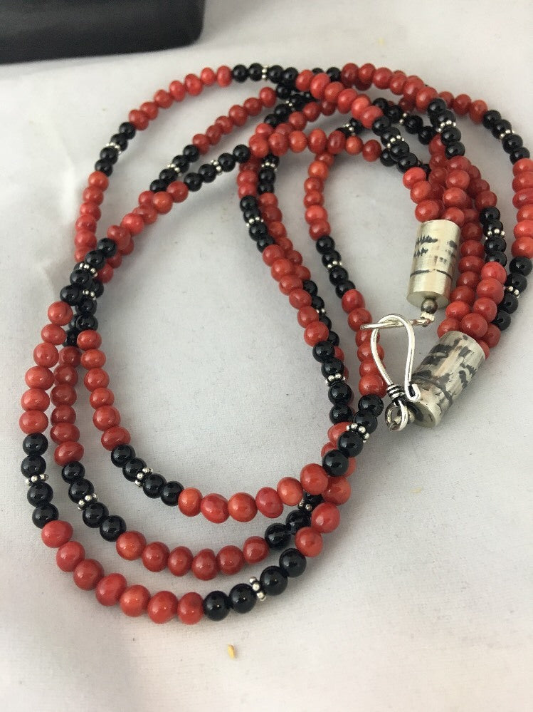 Red Bamboo Coral Black Onyx 3 Strand Sterling Silver Necklace 3246