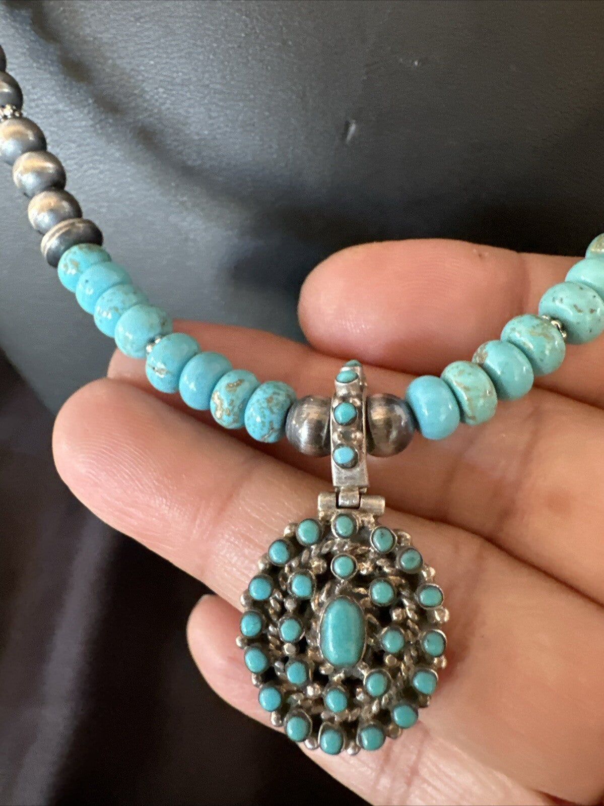Zuni Blue Kingman Turquoise Cluster Pendant Sterling Silver Necklace 21" 18381