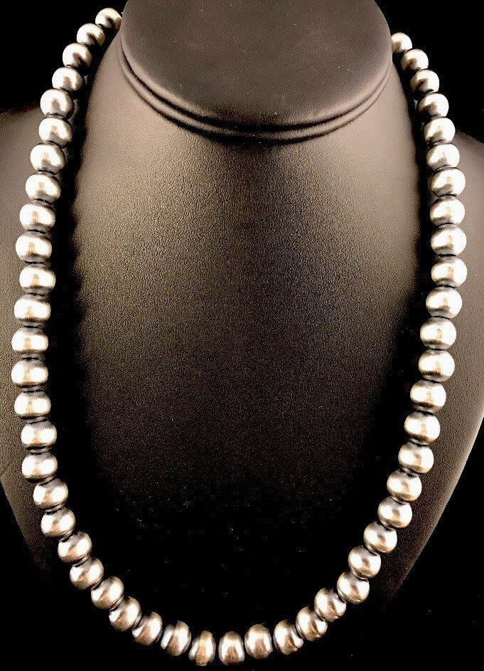 Native American 12mm Sterling Silver Navajo Pearls 24" Hook & Eye Cone Necklace