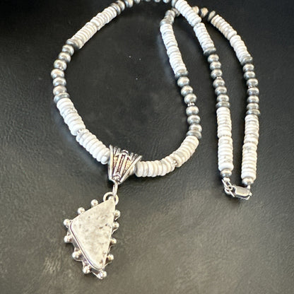 White Buffalo Turquoise Pendant Navajo Pearls Sterling Silver Necklace 22" 18255