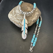 Men's Feather Turquoise Pendant Navajo Beads Necklace 22" | Sterling Silver | Authentic Native American Handmade | 18669