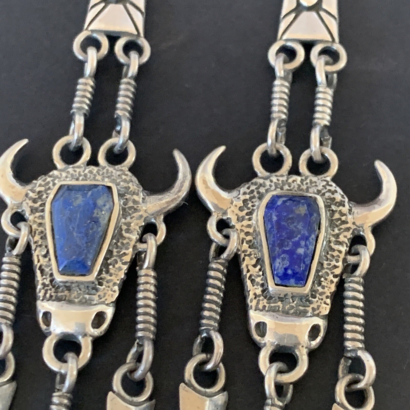 Denim Blue Lapis Lazuli Inlay Navajo Sterling Silver Dangle Earrings 04518