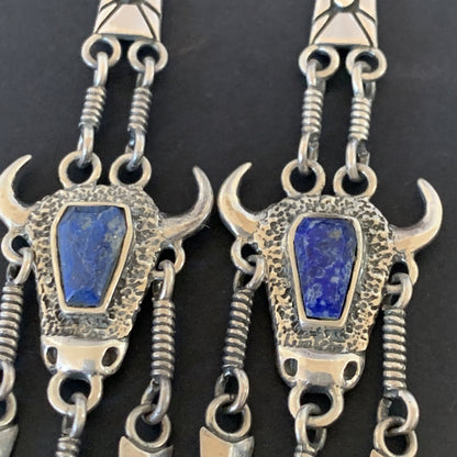 Denim Blue Lapis Lazuli Inlay Navajo Sterling Silver Dangle Earrings 04518