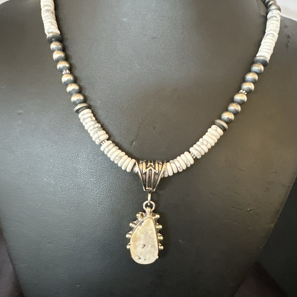 White Buffalo Turquoise Pendant Navajo Pearls Necklace 22" | Sterling Silver | Authentic Native American Handmade | 18261